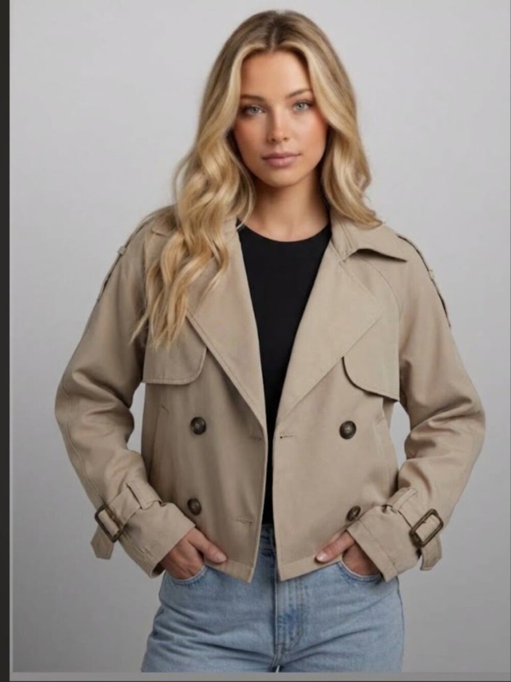 Beige Modern Minimalist Short Trench Coat | Tailored Cropped Layering Jacket